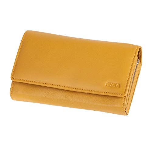 MIKA 42164 - Damengeldbörse aus Echt Leder, Portemonnaie im Querformat, Geldbeutel mit 6 Kartenfächer, 4 große Fächer als Scheinfächer und doppeltes Münzfach, Brieftasche gelb, ca. 17 x 10 x 4,5 cm