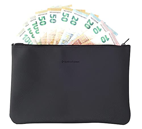 Festland DESIGN® - Banktasche mit Reißverschluss für A5 Dokumente aus hochwertigem Kunstleder - Farbe schwarz - Kosmetiktasche, Geldtasche, Dokumentenmappe, Geldmappe - Made in Germany