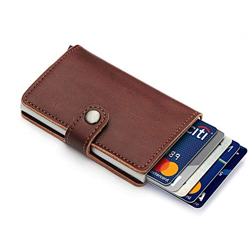 SEMLIMIT FREVANDOU Kreditkartenetui Echtes Leder Kartenetui Geldklammer Portmonee Geldbeutel mit RFID Schutz für Alltag (Dunkelbraun)