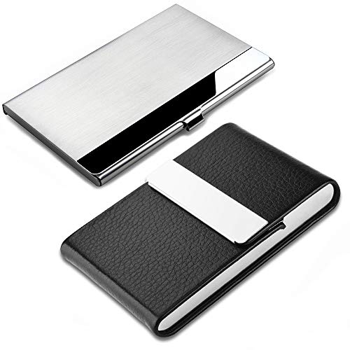 2 Pcs Professional Business Card Case, SENHAI Stainless Steel & PU Leather Business Card Holder with Magnetic Shut Pocket Name Credit Card Case for Men and Women