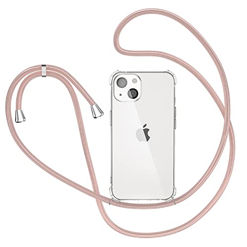 Handykette für iPhone 13 Hülle, Smartphone Necklace Handyhülle mit Band Transparent Schutzhülle Stossfest - Schnur mit Case zum Umhängen in Roségold