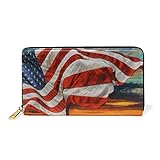 Kunst Usa Amerikanische Flagge Damen Brieftasche Reißverschluss Geldbörse Echtes Leder Geldbeutel Telefon Kreditkartenetui Portemonnaie für Frauen Mädchen
