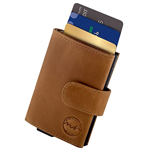 Kreditkartenetui | TÜV geprüfter RFID NFC Schutz | Geldbörse für 10 Karten aus echtem Leder | für Damen und Herren mit gratis Geschenkbox | Braun mit Münzfach