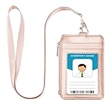 Ausweishülle mit Schlüsselband PU Leder Ausweishalter mit 4 Kartenfächern und Reißverschlusstasche für Arbeitsausweis, Schulausweis, Kreditkarten Rose Gold