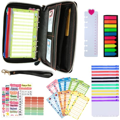A6 Budget Binder with Zipper, Money Organizer, Cash Envelopes Wallet with Ring Binders,12 PVC Binder Pockets,12 Budget Sheets, Labels for Money-Saving, Avoid Overpending(Black)