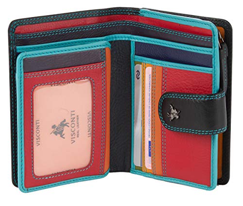 VISCONTI ® Leder Geldbeutel Damen RFID Schutz Geldbörse Damen Portemonnaie Bifold Mehrfarbig Portmonee in Geschenk-Box ''RAINBOW''(RB51 black multi)