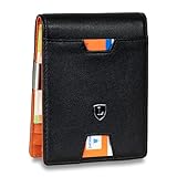Lederhand® iSlim - Nappa Leder Geldbeutel mit Geldklammer und Münzfach, 9 Kartenfach Premium Geldbörse - Slim Wallet mit RFID NFC Schutz - Farbe | (Schwarz/Orange)