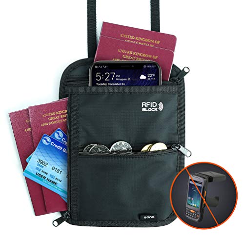 Amazon Brand - Eono Brustbeutel mit Mehreren Taschen, RFID-Versteckter Sicherheitshals-Geldbeutel für Bargeld, Karten, Schlüssel und Reisepass mit Verstellbarem Halsriemen