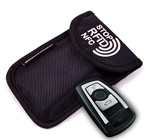 MakakaOnTheRun Autoschlüssel Hülle - Keyless Go Schutz Autoschlüssel Hülle mit 2 RFID Schutz Fächern. Autoschlüssel Schutz Keyless / Autoschlüssel Tasche für alle KFZ aus EU, Asien & Amerika